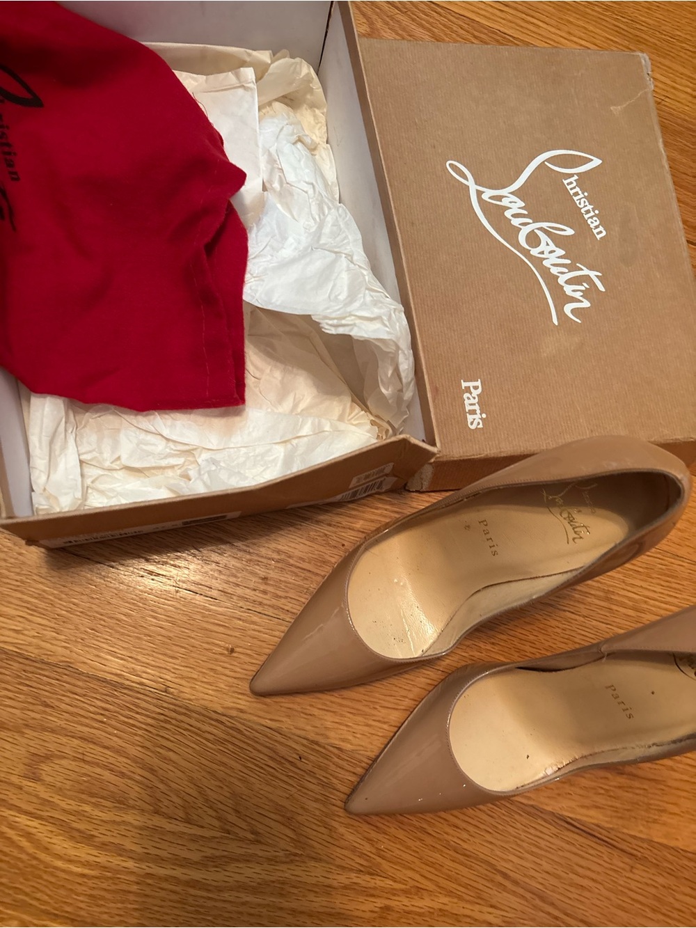 Christian Louboutin Patent Leather Pointed-Toe Pumps in Nude Beige